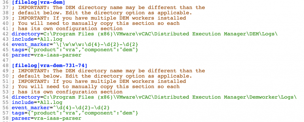 Sample DEM log config sections for 7.3 vs 7.3.1 or 7.4